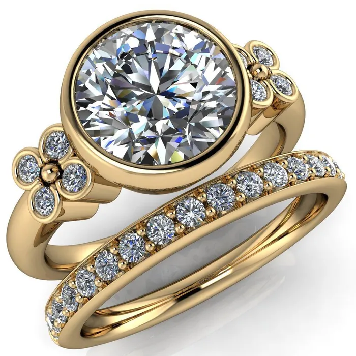 Fire Brilliance Rings Andrea Round Center Stone Full Bezel 4 Lucky Clover Sides Ring