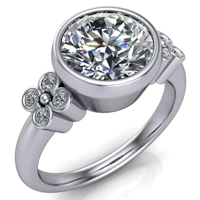 Fire Brilliance Rings Andrea Round Center Stone Full Bezel 4 Lucky Clover Sides Ring