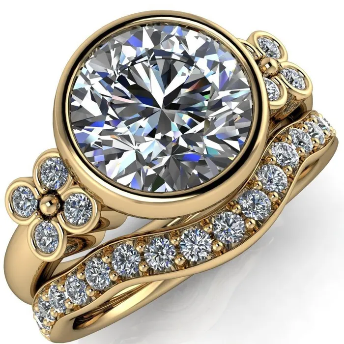 Fire Brilliance Rings Andrea Round Center Stone Full Bezel 4 Lucky Clover Sides Ring