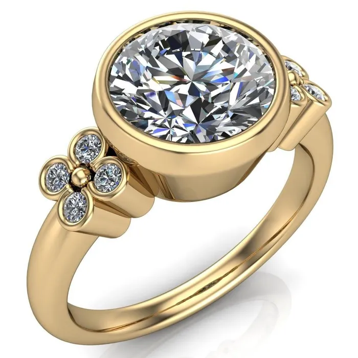 Fire Brilliance Rings Andrea Round Center Stone Full Bezel 4 Lucky Clover Sides Ring
