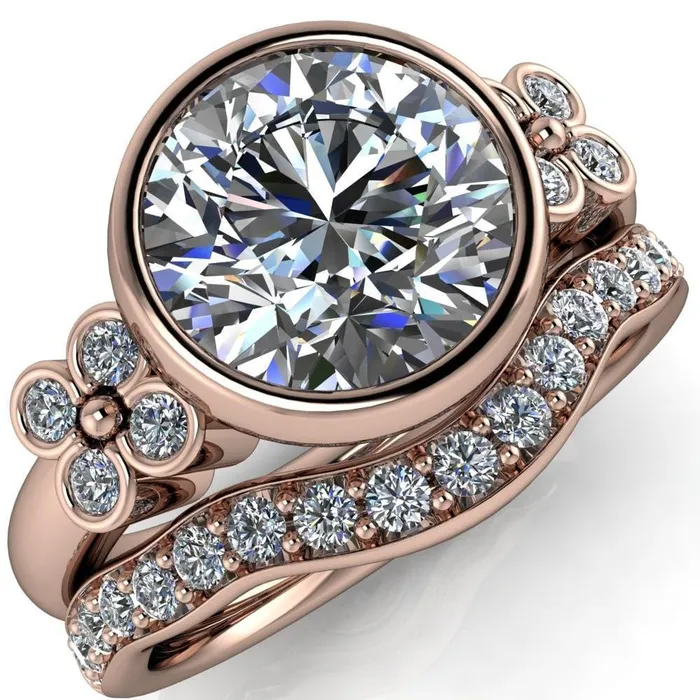 Fire Brilliance Rings Andrea Round Center Stone Full Bezel 4 Lucky Clover Sides Ring