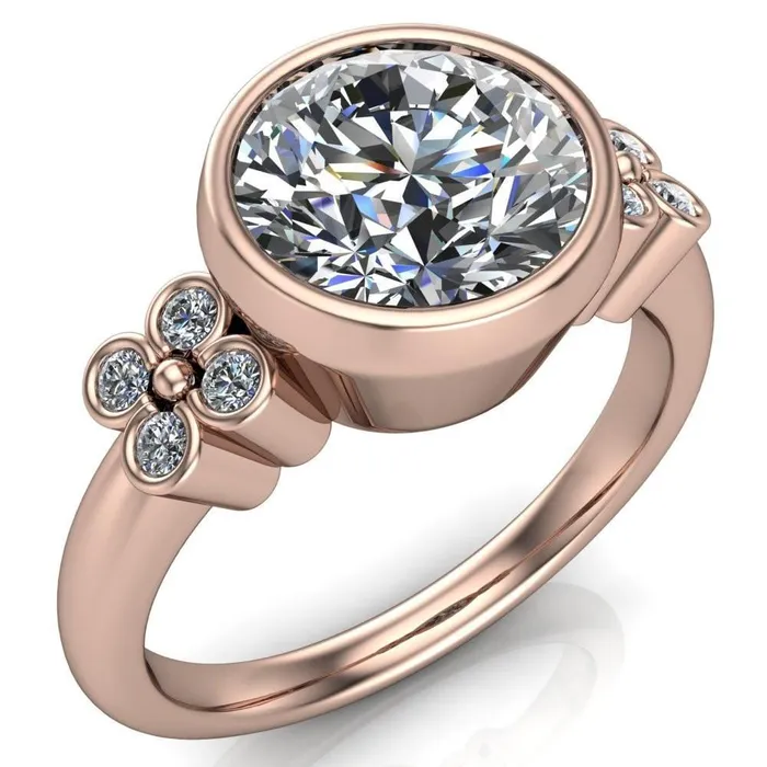 Fire Brilliance Rings Andrea Round Center Stone Full Bezel 4 Lucky Clover Sides Ring