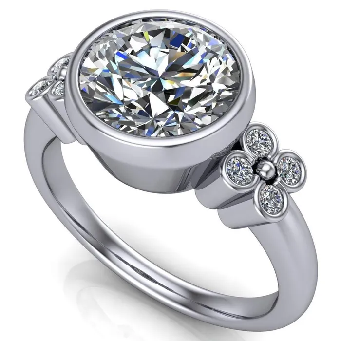 Fire Brilliance Rings Andrea Round Center Stone Full Bezel 4 Lucky Clover Sides Ring