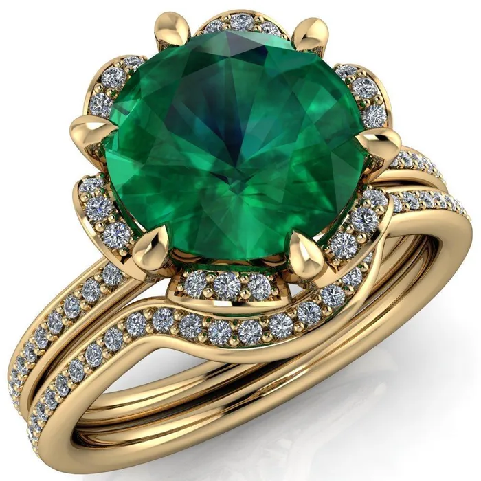 Fire Brilliance Rings Daisy Round Emerald Floral Diamond Basket Design and Diamond Shoulders Ring Fire Brilliance Rings Daisy Round Emerald Floral Diamond Basket Design and Diamond Shoulders Ring