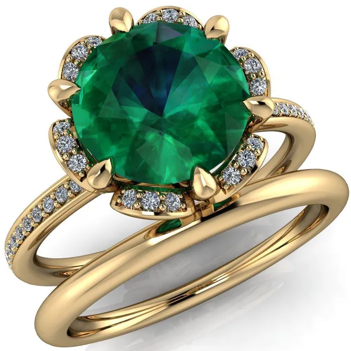 Fire Brilliance Rings Daisy Round Emerald Floral Diamond Basket Design and Diamond Shoulders Ring