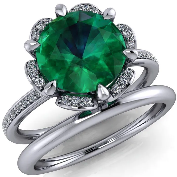 Fire Brilliance Rings Daisy Round Emerald Floral Diamond Basket Design and Diamond Shoulders Ring