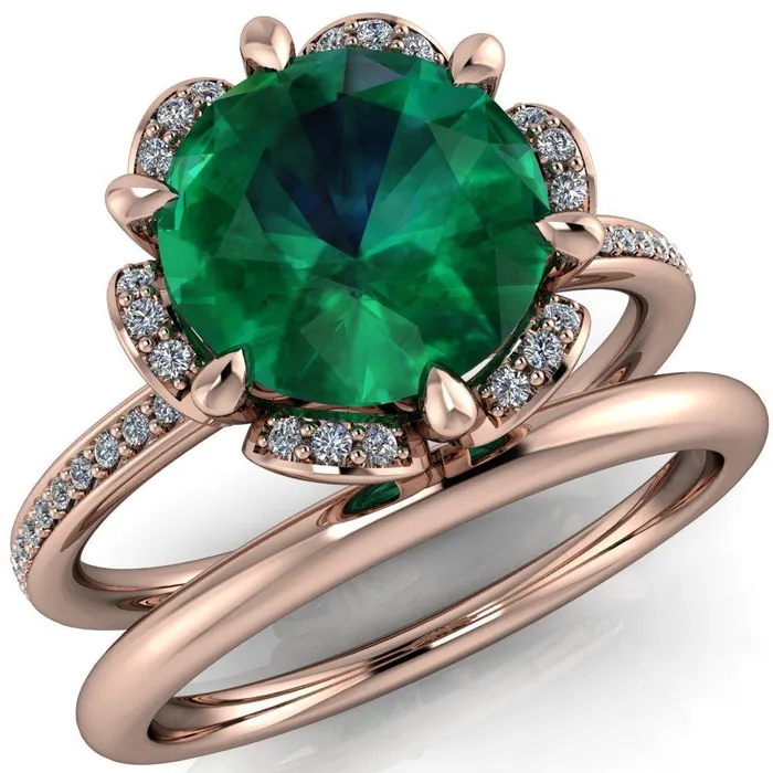 Fire Brilliance Rings Daisy Round Emerald Floral Diamond Basket Design and Diamond Shoulders Ring