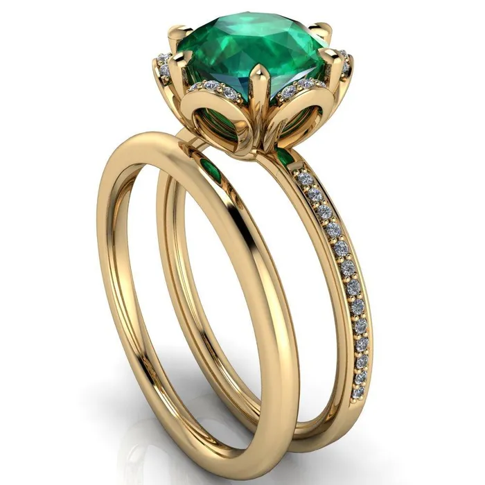 Fire Brilliance Rings Daisy Round Emerald Floral Diamond Basket Design and Diamond Shoulders Ring