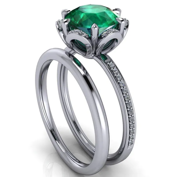 Fire Brilliance Rings Daisy Round Emerald Floral Diamond Basket Design and Diamond Shoulders Ring
