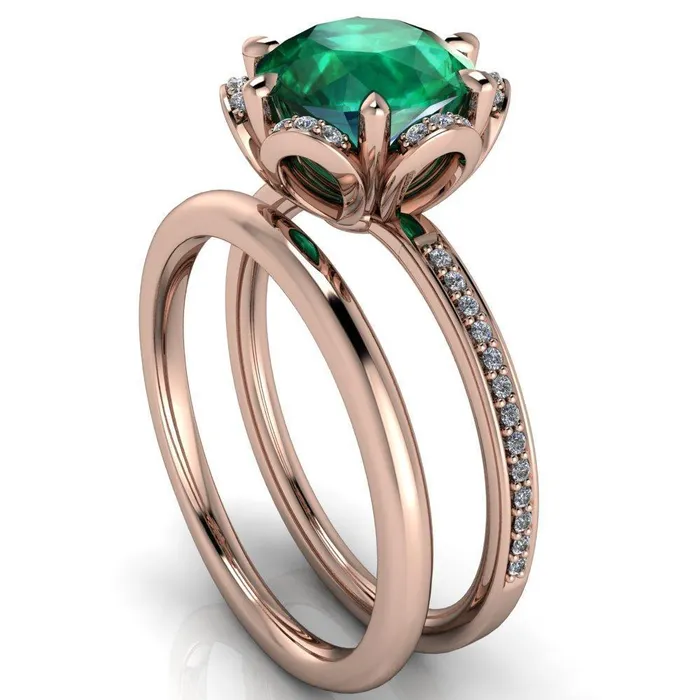 Fire Brilliance Rings Daisy Round Emerald Floral Diamond Basket Design and Diamond Shoulders Ring