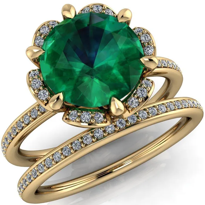 Fire Brilliance Rings Daisy Round Emerald Floral Diamond Basket Design and Diamond Shoulders Ring