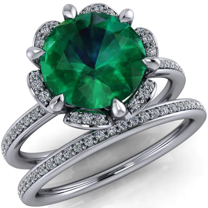 Fire Brilliance Rings Daisy Round Emerald Floral Diamond Basket Design and Diamond Shoulders Ring