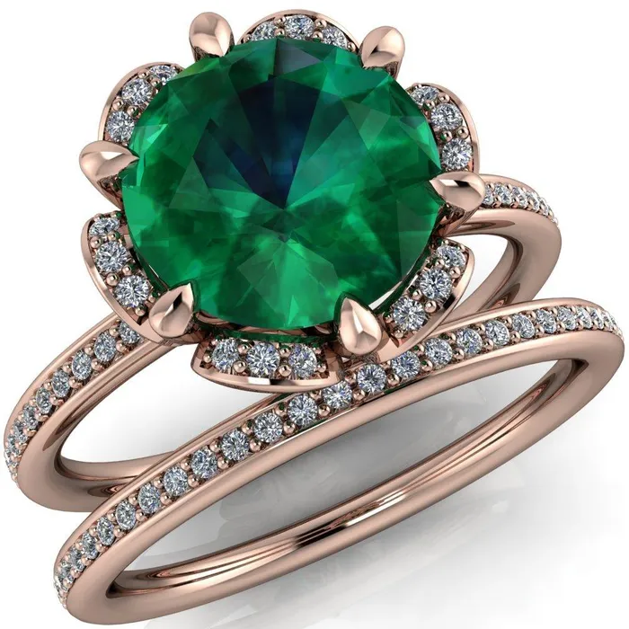 Fire Brilliance Rings Daisy Round Emerald Floral Diamond Basket Design and Diamond Shoulders Ring