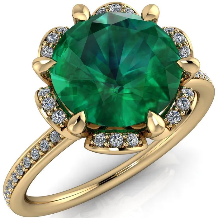 Fire Brilliance Rings Daisy Round Emerald Floral Diamond Basket Design and Diamond Shoulders Ring