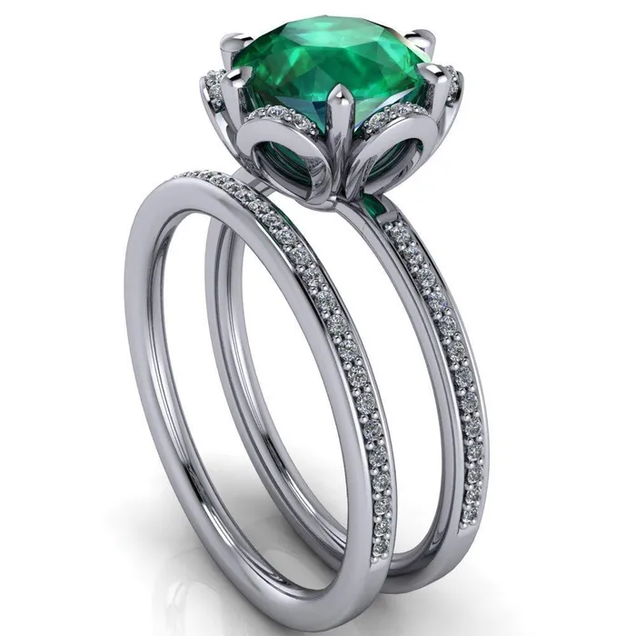 Fire Brilliance Rings Daisy Round Emerald Floral Diamond Basket Design and Diamond Shoulders Ring