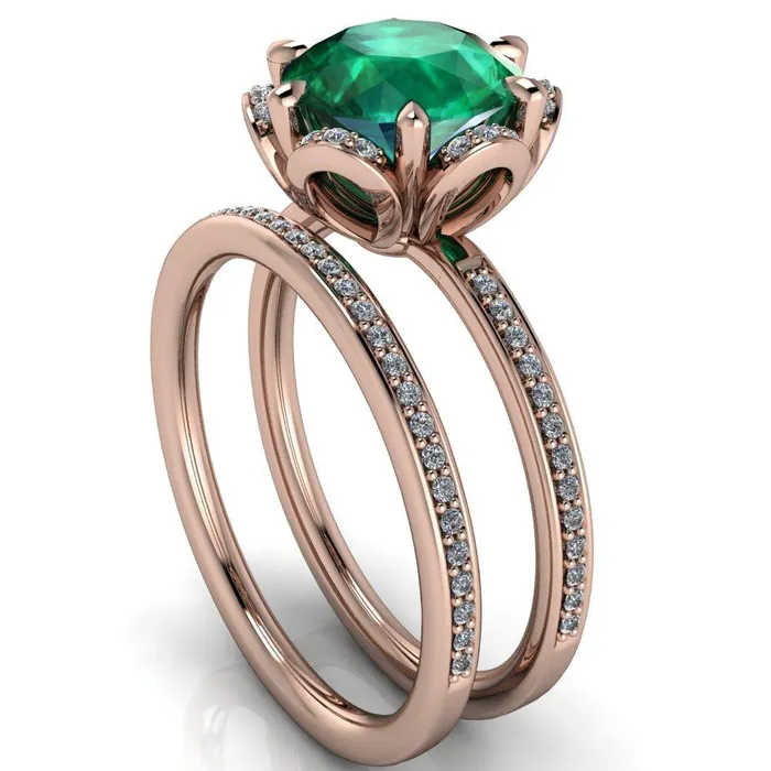 Fire Brilliance Rings Daisy Round Emerald Floral Diamond Basket Design and Diamond Shoulders Ring