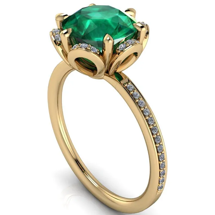 Fire Brilliance Rings Daisy Round Emerald Floral Diamond Basket Design and Diamond Shoulders Ring