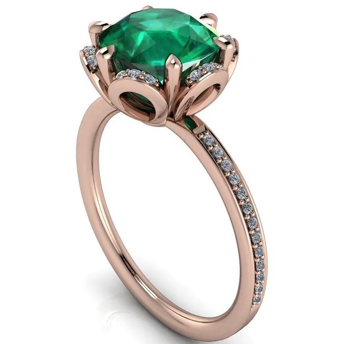 Fire Brilliance Rings Daisy Round Emerald Floral Diamond Basket Design and Diamond Shoulders Ring