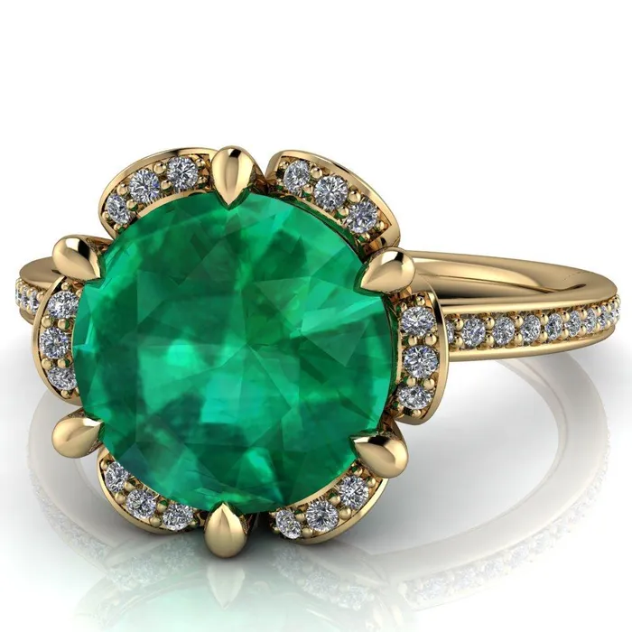 Fire Brilliance Rings Daisy Round Emerald Floral Diamond Basket Design and Diamond Shoulders Ring