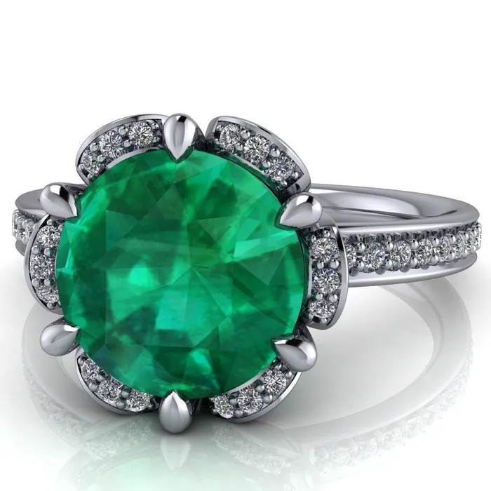 Fire Brilliance Rings Daisy Round Emerald Floral Diamond Basket Design and Diamond Shoulders Ring