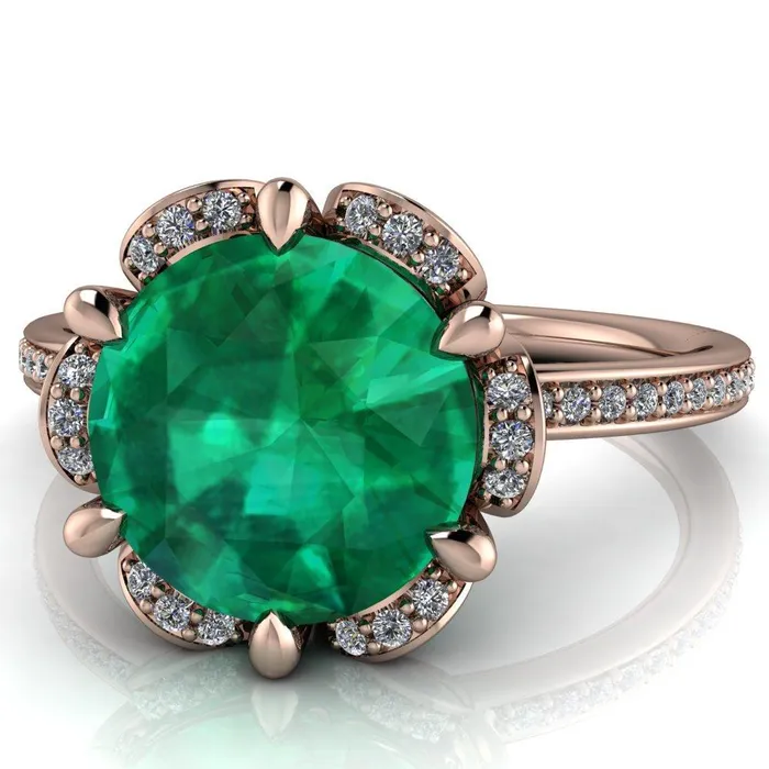 Fire Brilliance Rings Daisy Round Emerald Floral Diamond Basket Design and Diamond Shoulders Ring