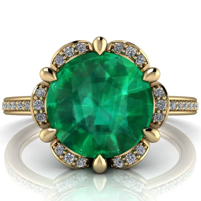 Fire Brilliance Rings Daisy Round Emerald Floral Diamond Basket Design and Diamond Shoulders Ring