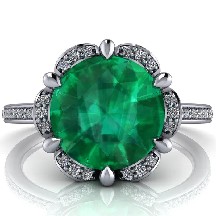 Fire Brilliance Rings Daisy Round Emerald Floral Diamond Basket Design and Diamond Shoulders Ring