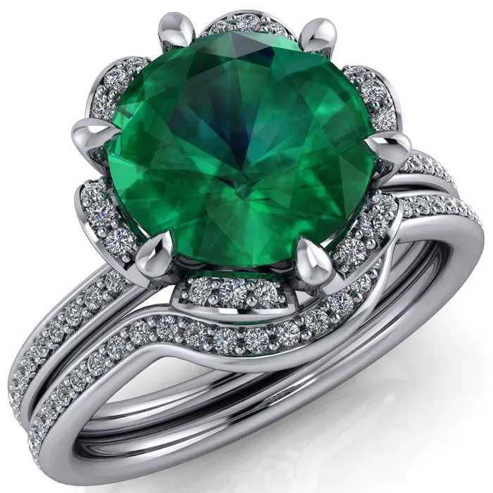 Fire Brilliance Rings Daisy Round Emerald Floral Diamond Basket Design and Diamond Shoulders Ring
