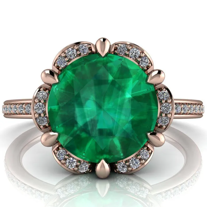 Fire Brilliance Rings Daisy Round Emerald Floral Diamond Basket Design and Diamond Shoulders Ring