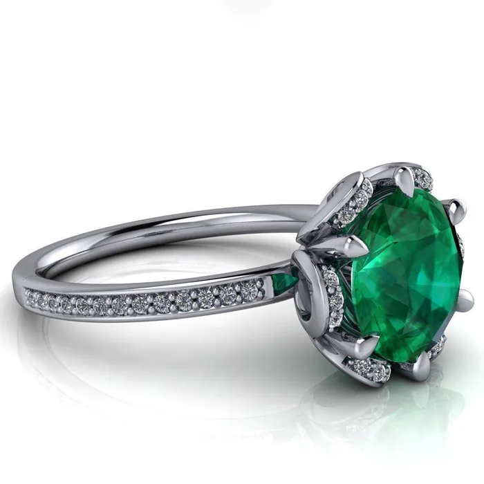 Fire Brilliance Rings Daisy Round Emerald Floral Diamond Basket Design and Diamond Shoulders Ring