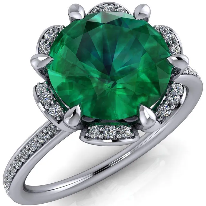 Fire Brilliance Rings Daisy Round Emerald Floral Diamond Basket Design and Diamond Shoulders Ring