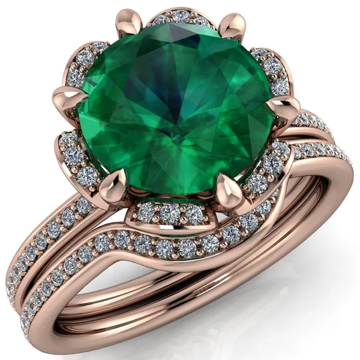 Fire Brilliance Rings Daisy Round Emerald Floral Diamond Basket Design and Diamond Shoulders Ring