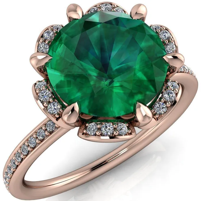Fire Brilliance Rings Daisy Round Emerald Floral Diamond Basket Design and Diamond Shoulders Ring