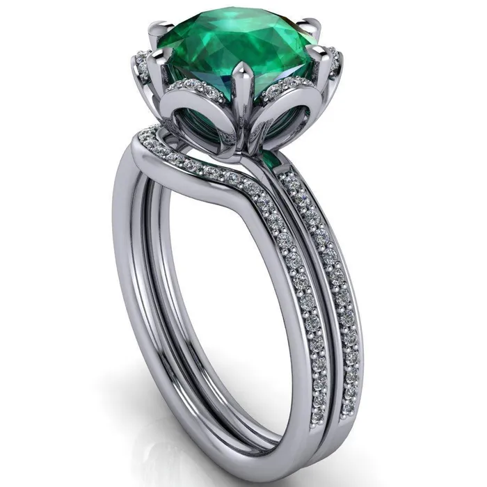 Fire Brilliance Rings Daisy Round Emerald Floral Diamond Basket Design and Diamond Shoulders Ring