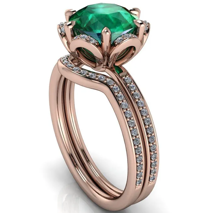 Fire Brilliance Rings Daisy Round Emerald Floral Diamond Basket Design and Diamond Shoulders Ring