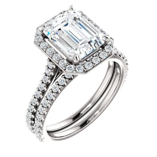 Fire Brilliance Rings Emerald Moissanite Diamond Accent Ice Halo Bezel Ring