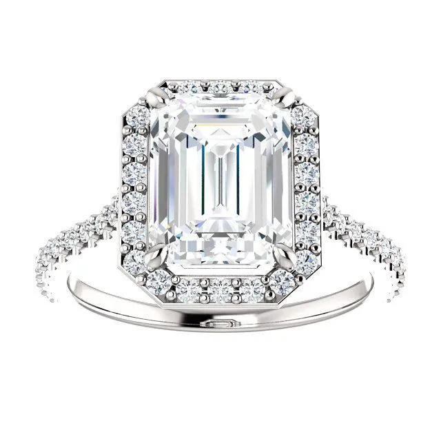 Fire Brilliance Rings Emerald Moissanite Diamond Accent Ice Halo Bezel Ring