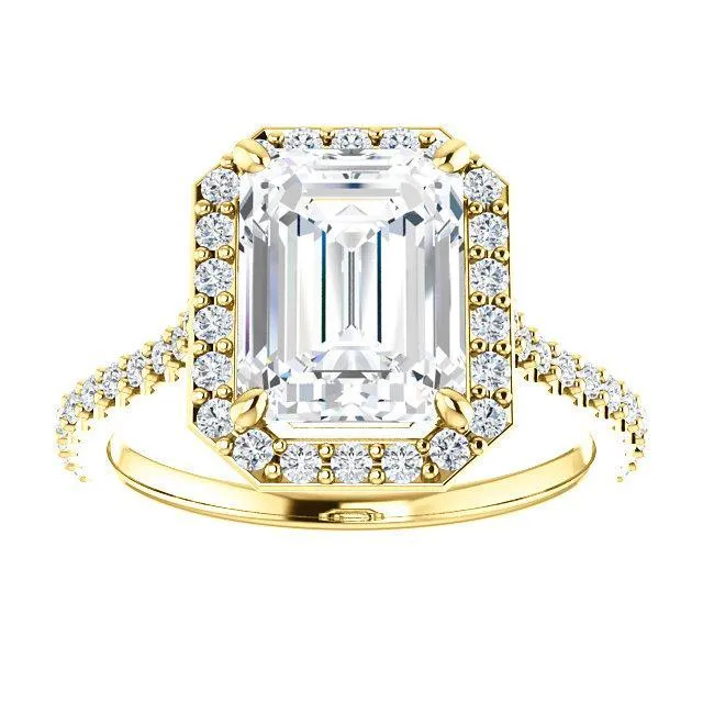 Fire Brilliance Rings Emerald Moissanite Diamond Accent Ice Halo Bezel Ring