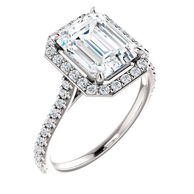 Fire Brilliance Rings Emerald Moissanite Diamond Accent Ice Halo Bezel Ring