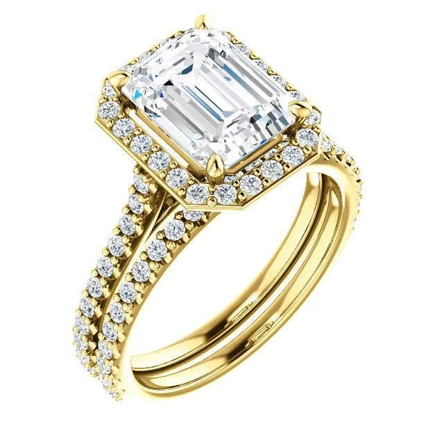 Fire Brilliance Rings Emerald Moissanite Diamond Accent Ice Halo Bezel Ring