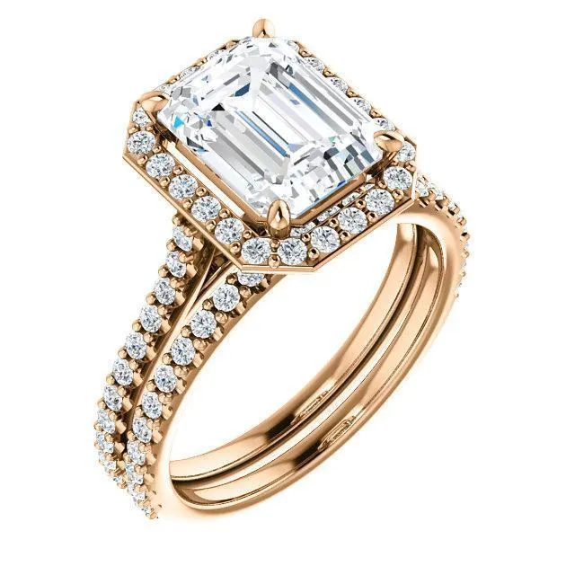 Fire Brilliance Rings Emerald Moissanite Diamond Accent Ice Halo Bezel Ring