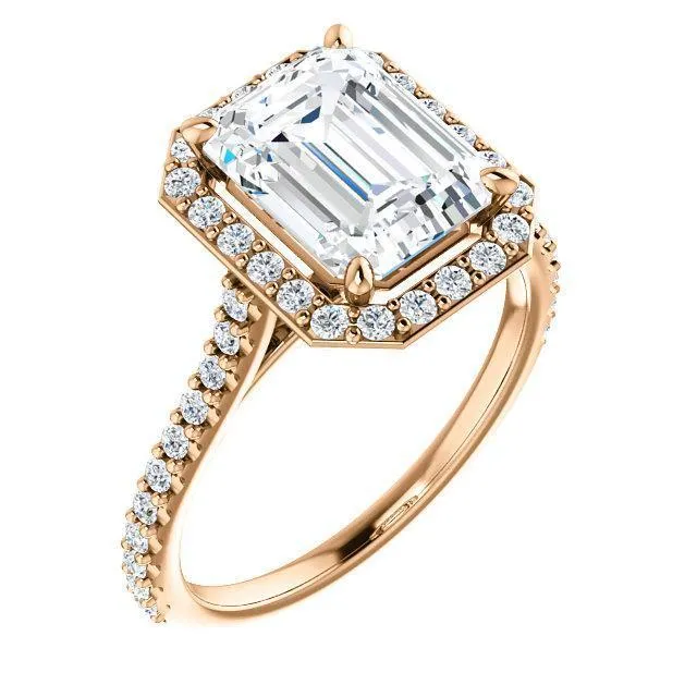 Fire Brilliance Rings Emerald Moissanite Diamond Accent Ice Halo Bezel Ring