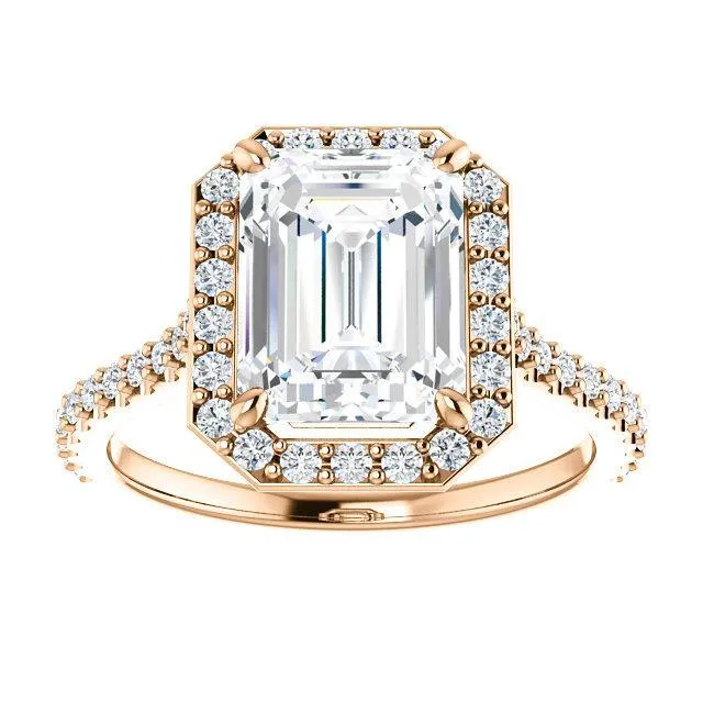 Fire Brilliance Rings Emerald Moissanite Diamond Accent Ice Halo Bezel Ring