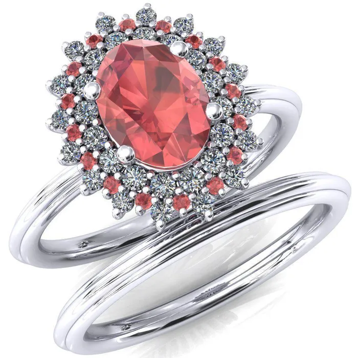 Fire Brilliance Rings Eridanus Oval Padparadscha Sapphire Cluster Diamond and Padparadscha Sapphire Halo Wedding Ring ver1 Fire Brilliance Rings Eridanus Oval Padparadscha Sapphire Cluster Diamond and Padparadscha Sapphire Halo Wedding Ring ver1