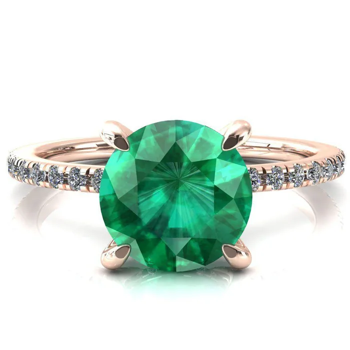 Fire Brilliance Rings Ezili Round Emerald 4 Claw Prong Micro Pave Diamond Sides Engagement Ring