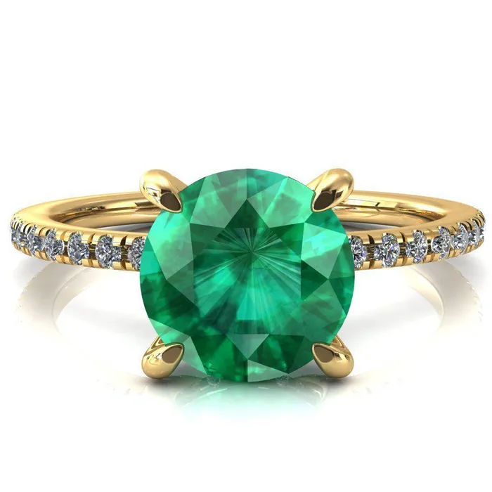 Fire Brilliance Rings Ezili Round Emerald 4 Claw Prong Micro Pave Diamond Sides Engagement Ring