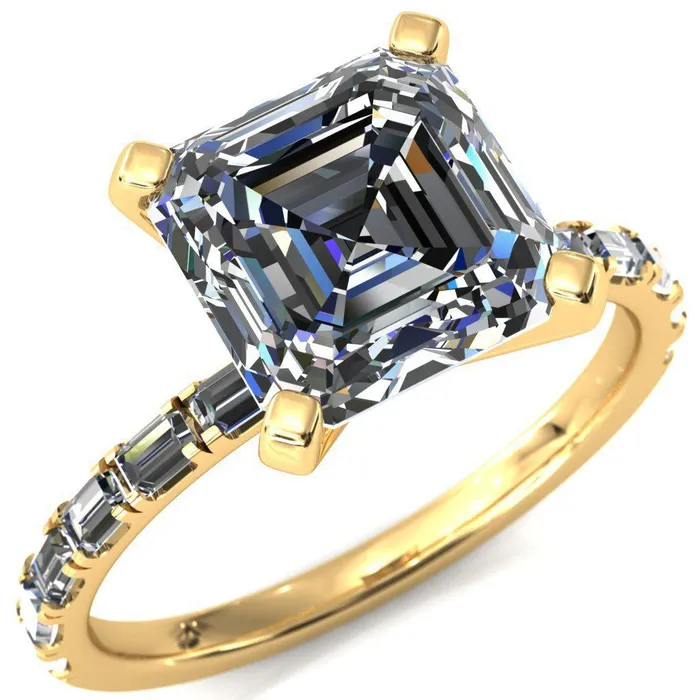 Fire Brilliance Rings Judie Asscher Moissanite 4 VProng 12 Micropav Baguette Diamond Accent Engagement Ring Fire Brilliance Rings Judie Asscher Moissanite 4 VProng 12 Micropav Baguette Diamond Accent Engagement Ring