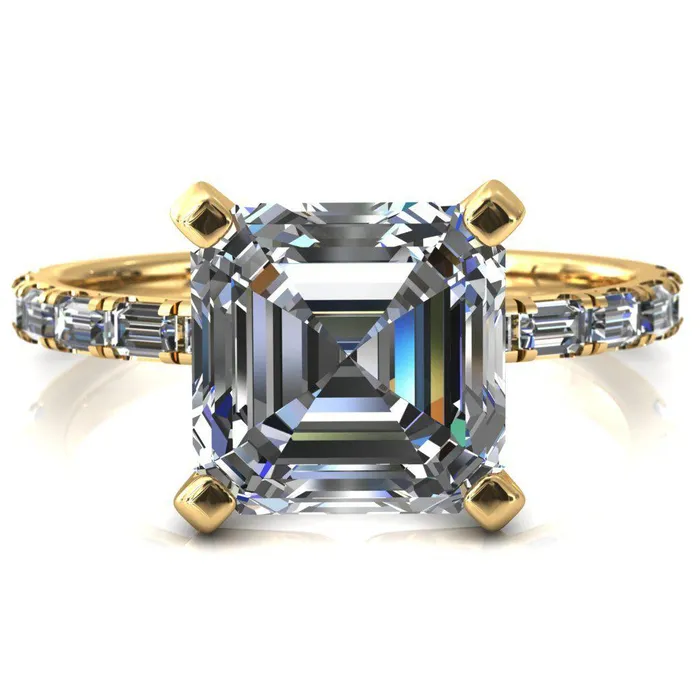 Fire Brilliance Rings Judie Asscher Moissanite 4 VProng 12 Micropav Baguette Diamond Accent Engagement Ring