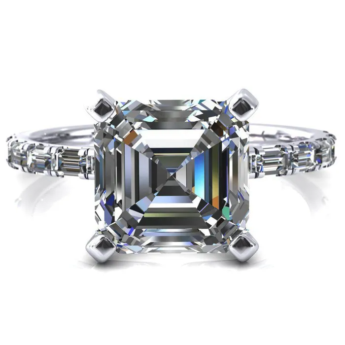 Fire Brilliance Rings Judie Asscher Moissanite 4 VProng 12 Micropav Baguette Diamond Accent Engagement Ring