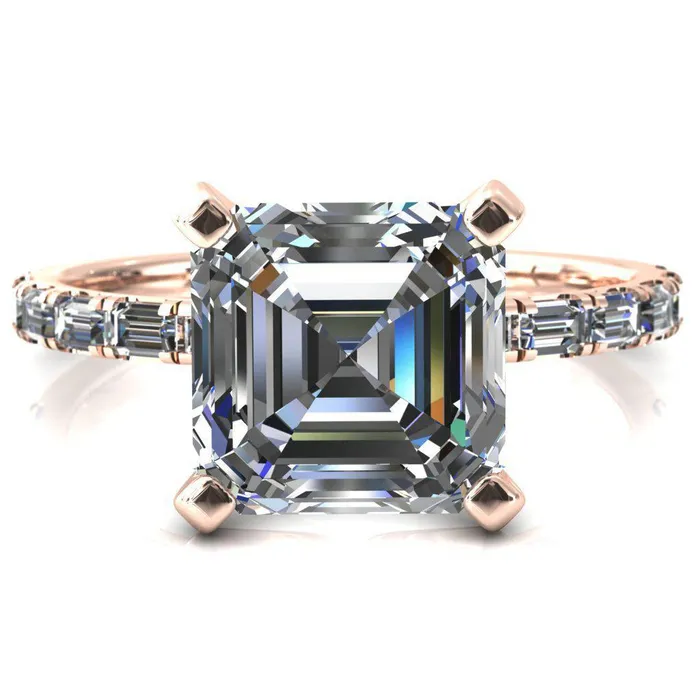Fire Brilliance Rings Judie Asscher Moissanite 4 VProng 12 Micropav Baguette Diamond Accent Engagement Ring